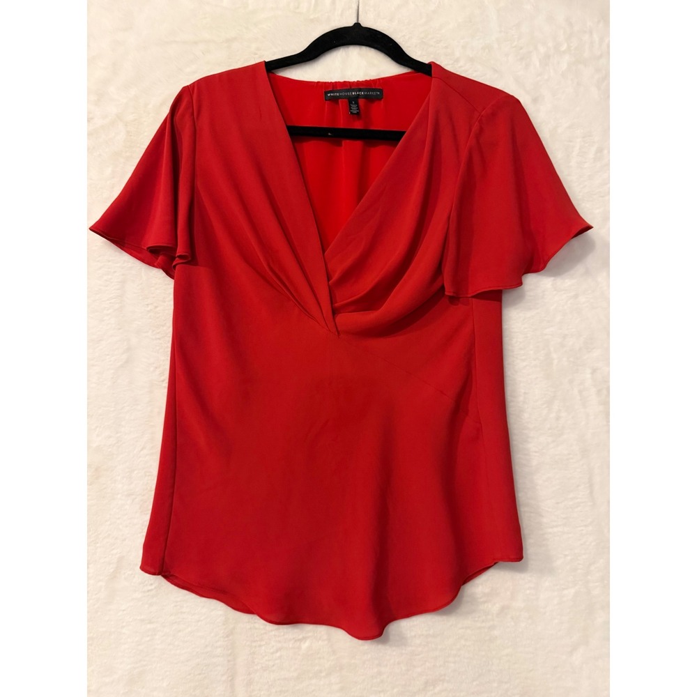 White House Black Market Red Flutter Sleeve Draped Surplice Blouse Top 2